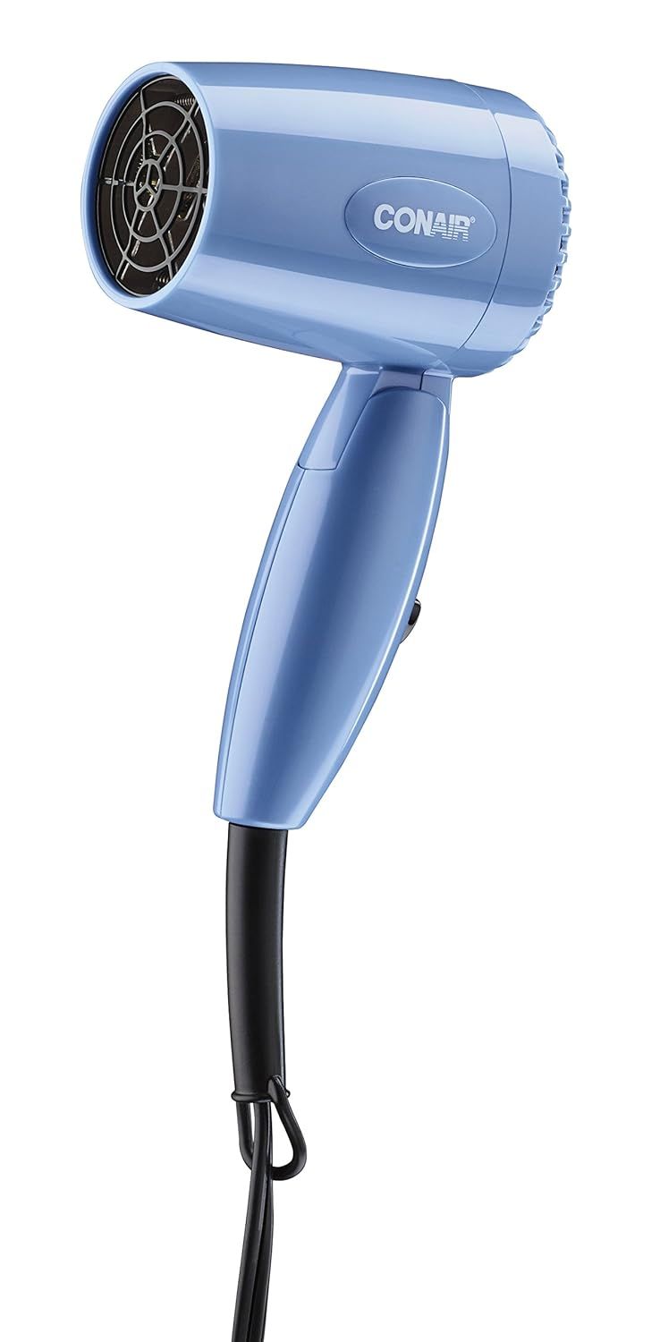 Four views of a light blue Conair hair dryer with black accents and power cord for styling and drying hair.