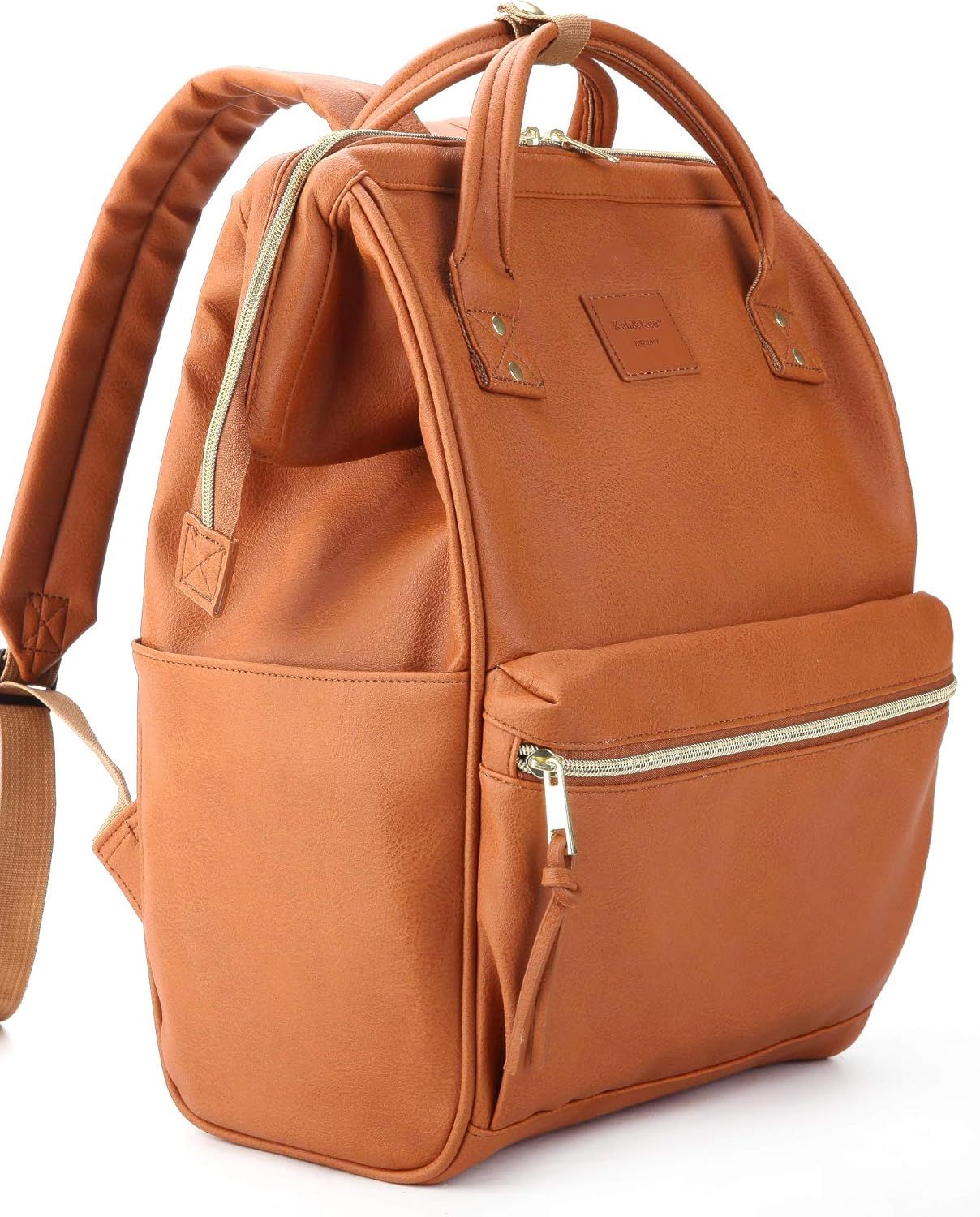 Camel brown leather backpack shown from multiple angles displaying its spacious design and zippered compartments.
