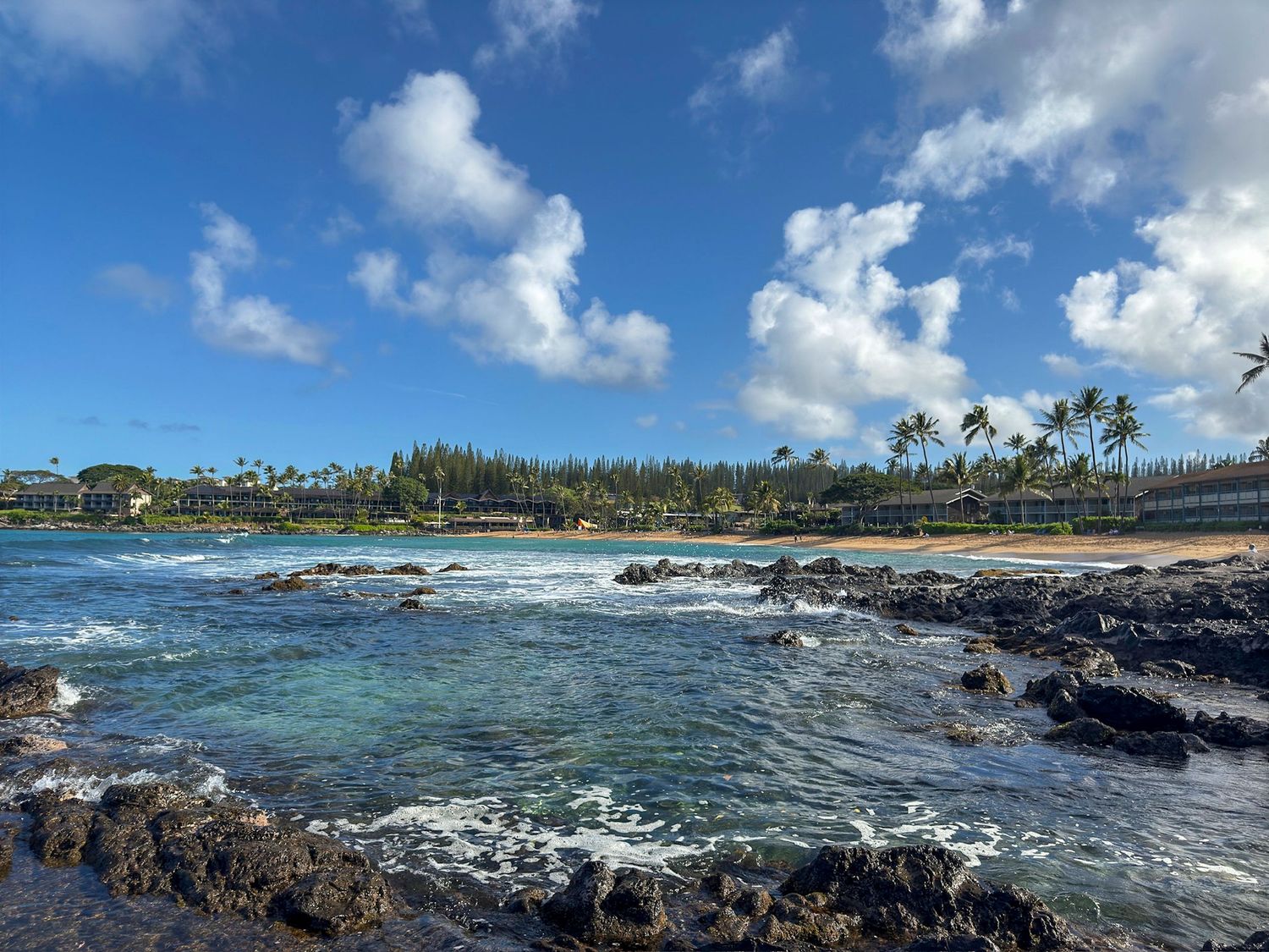 Tropical rocky coastline with turquoise waters, crashing waves, and palm trees under puffy white clouds in Hawaii.