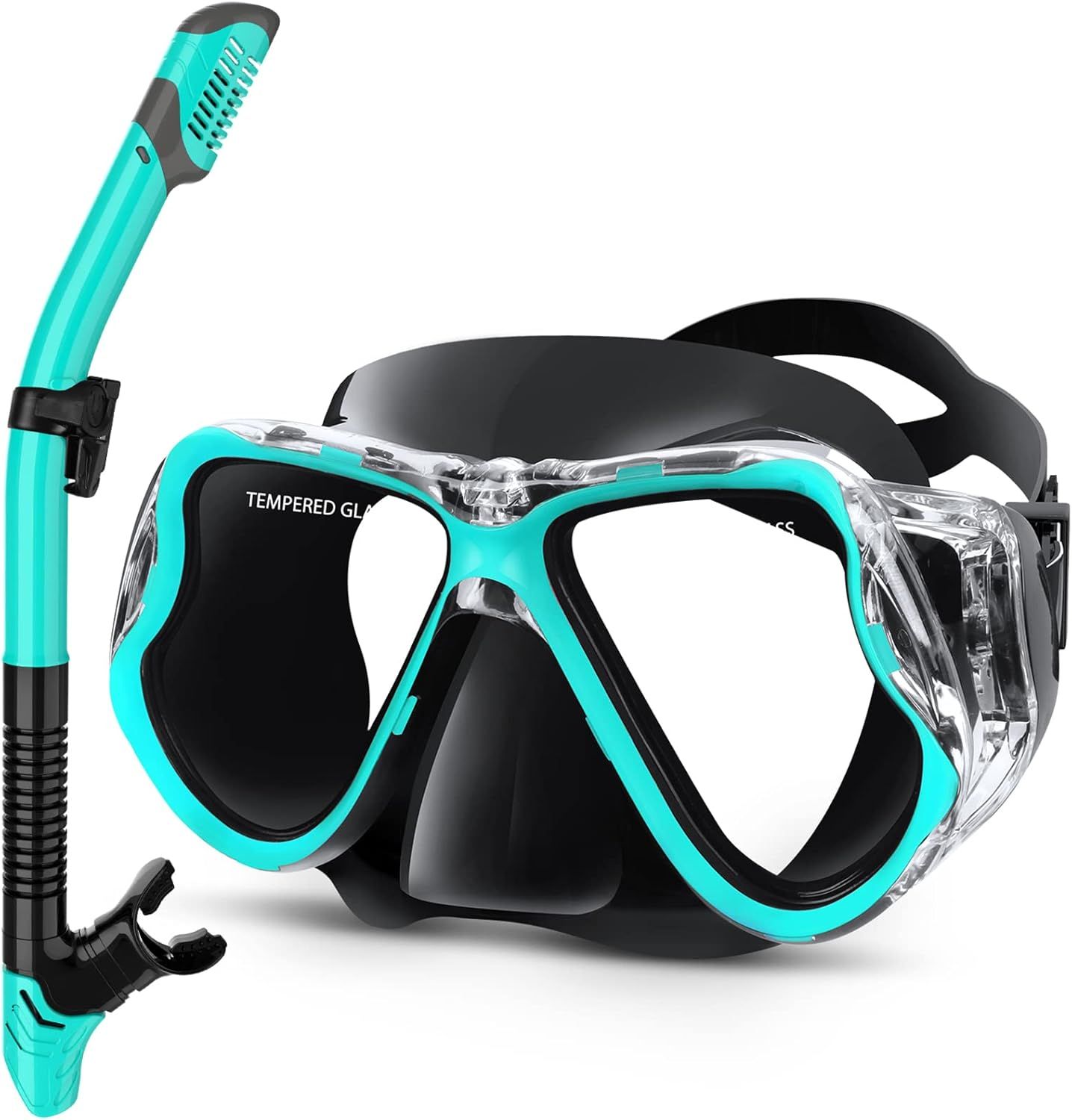 Teal and clear snorkel mask set with adjustable strap and breathing tube for diving and swimming activities.