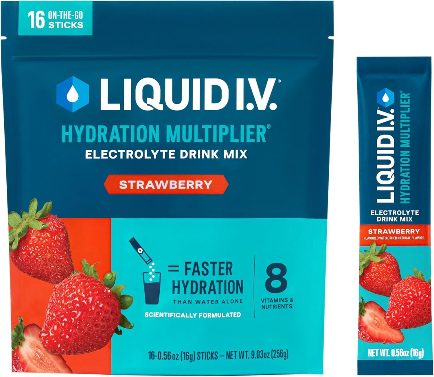Liquid I.V. Hydration Multiplier electrolyte drink mix packets in strawberry flavor with red fruit packaging design.