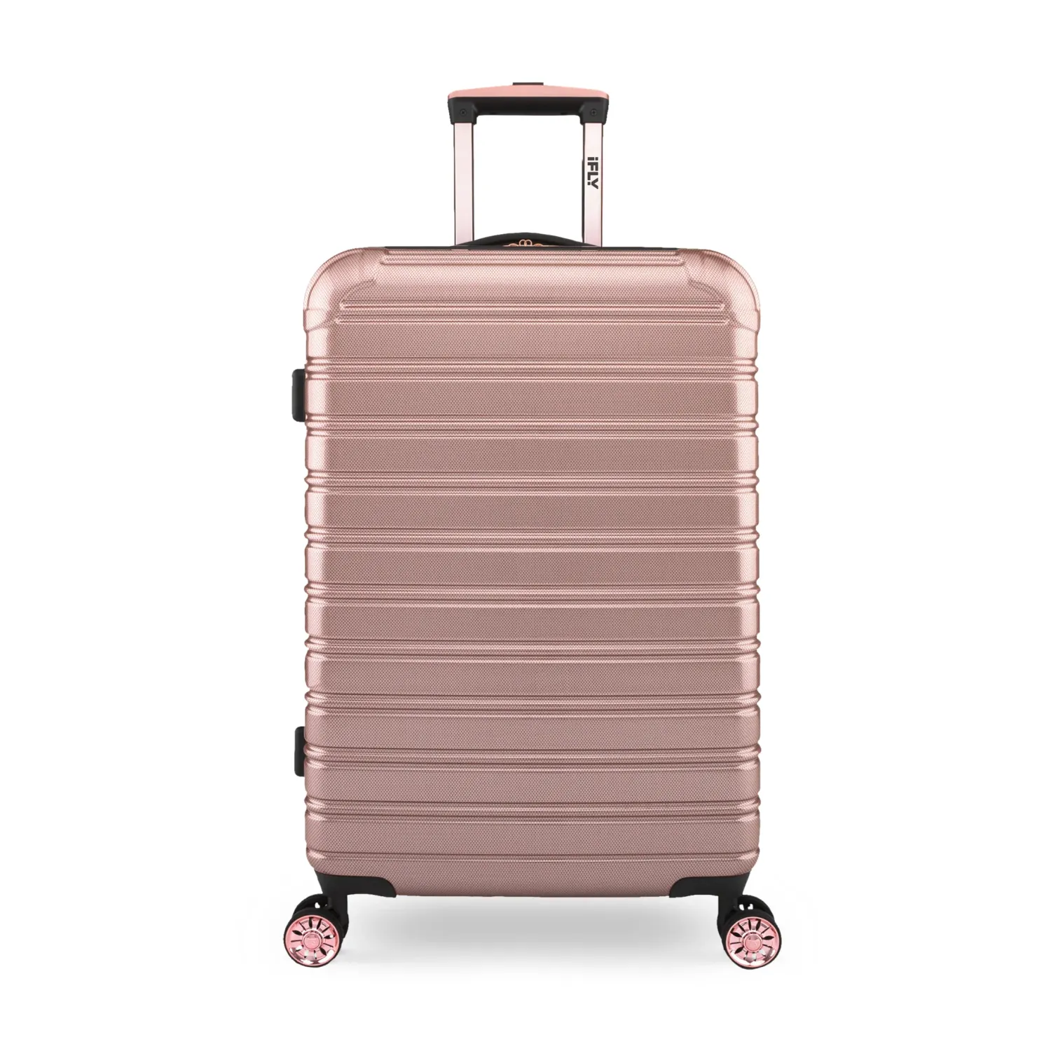 Rose gold aluminum travel suitcase with 360-degree wheels shown from multiple angles on white background.