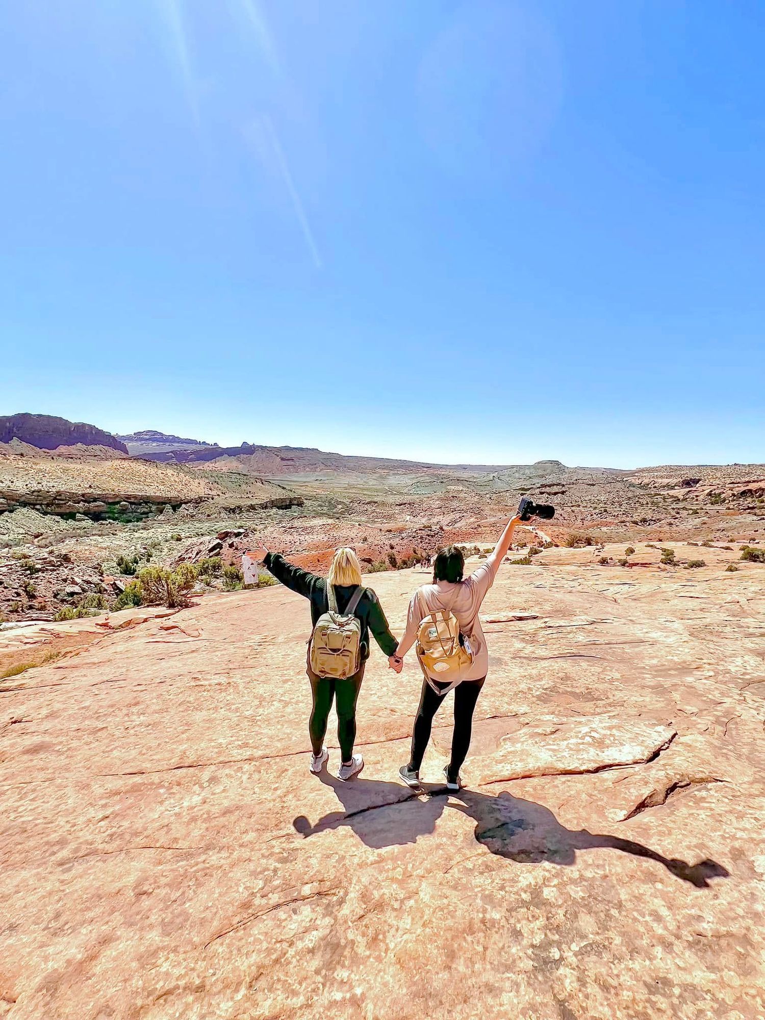Group poses playfully on red rock formations in desert landscape.
