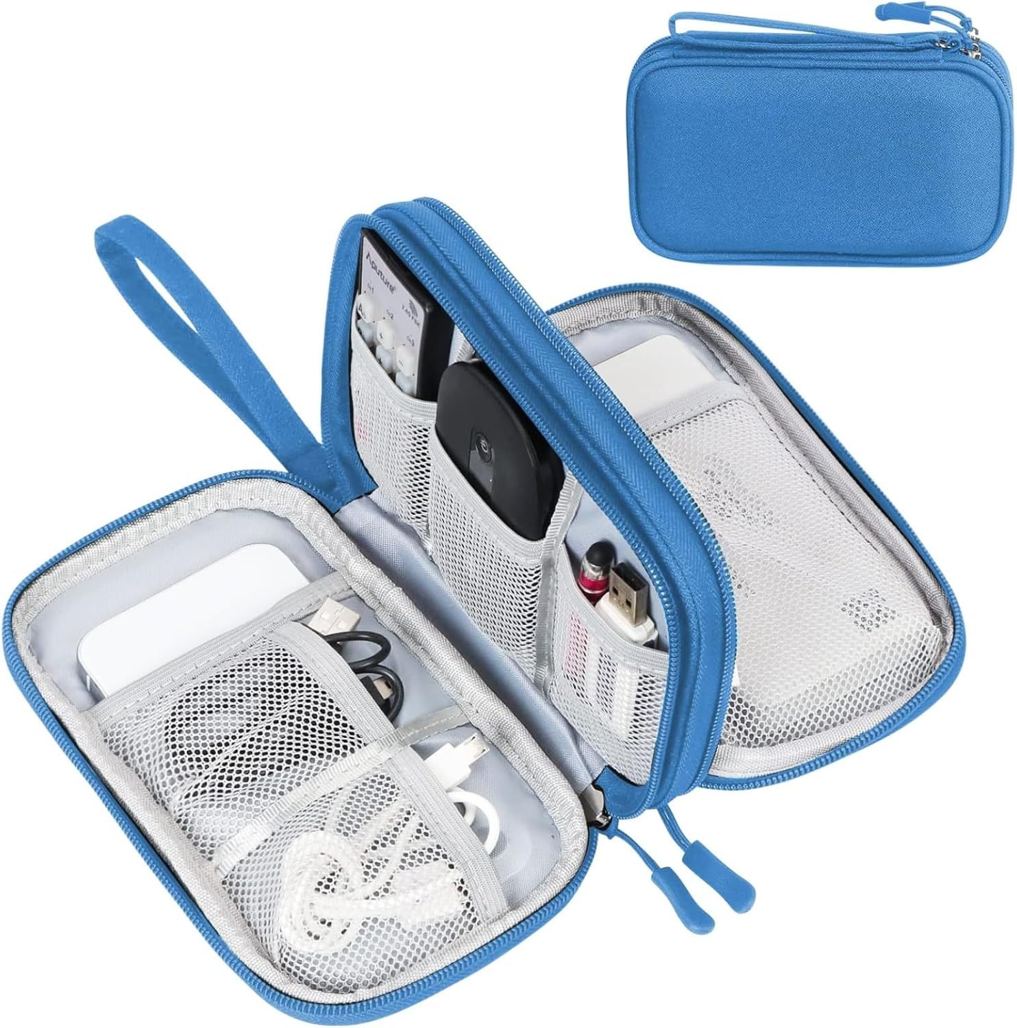 Sequence of blue and white diabetes supply cases with insulin pen compartments and medical storage accessories.