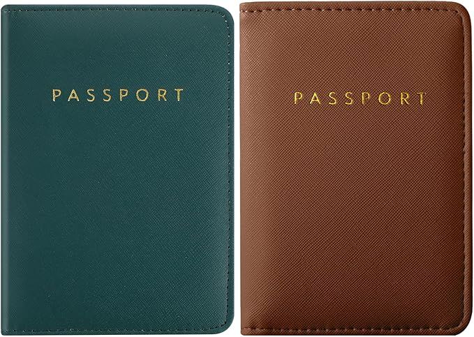 Alternating brown leather and green passport covers displayed in a repeating pattern.