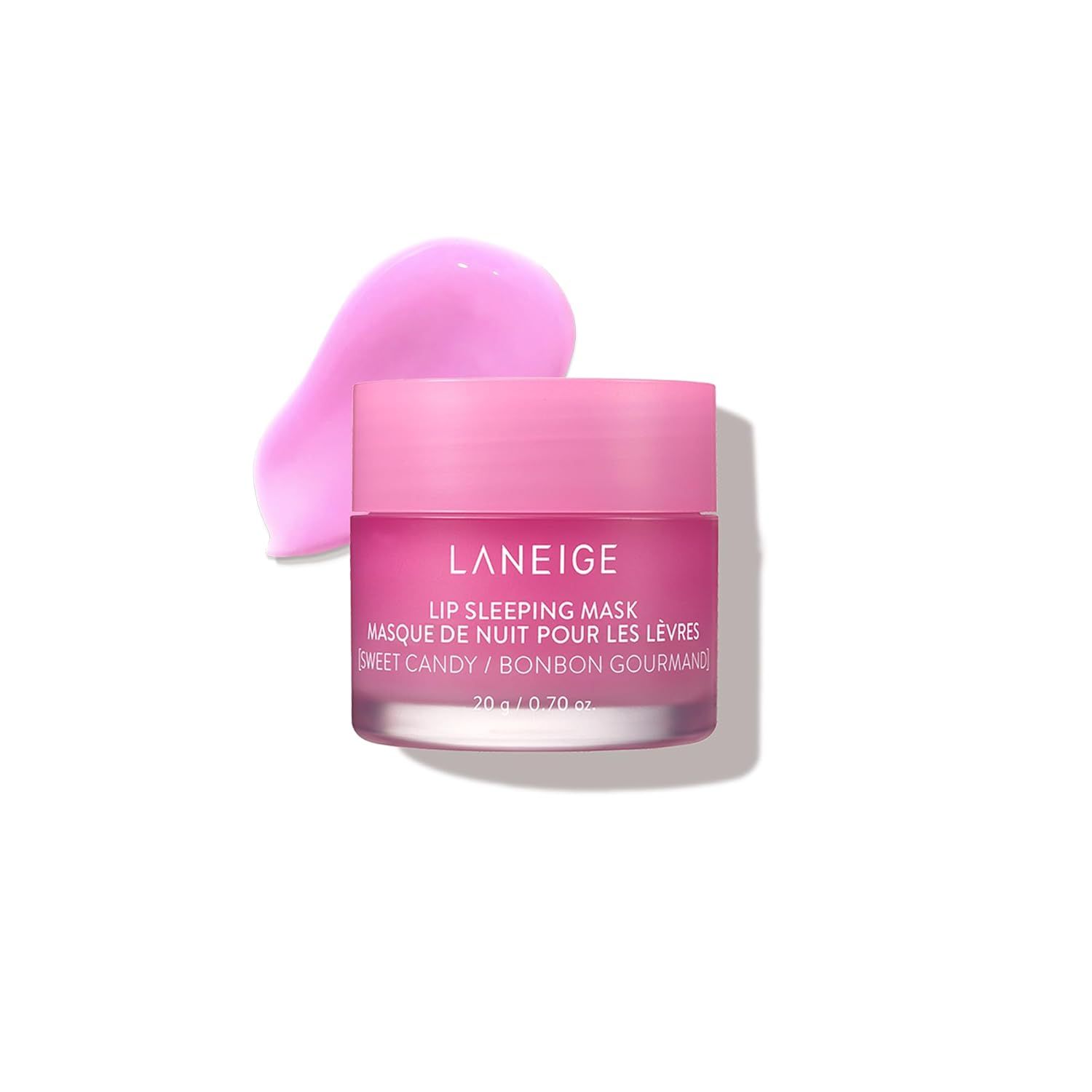 Pink jar of Laneige lip moisturizing mask on white background with pink swatch.