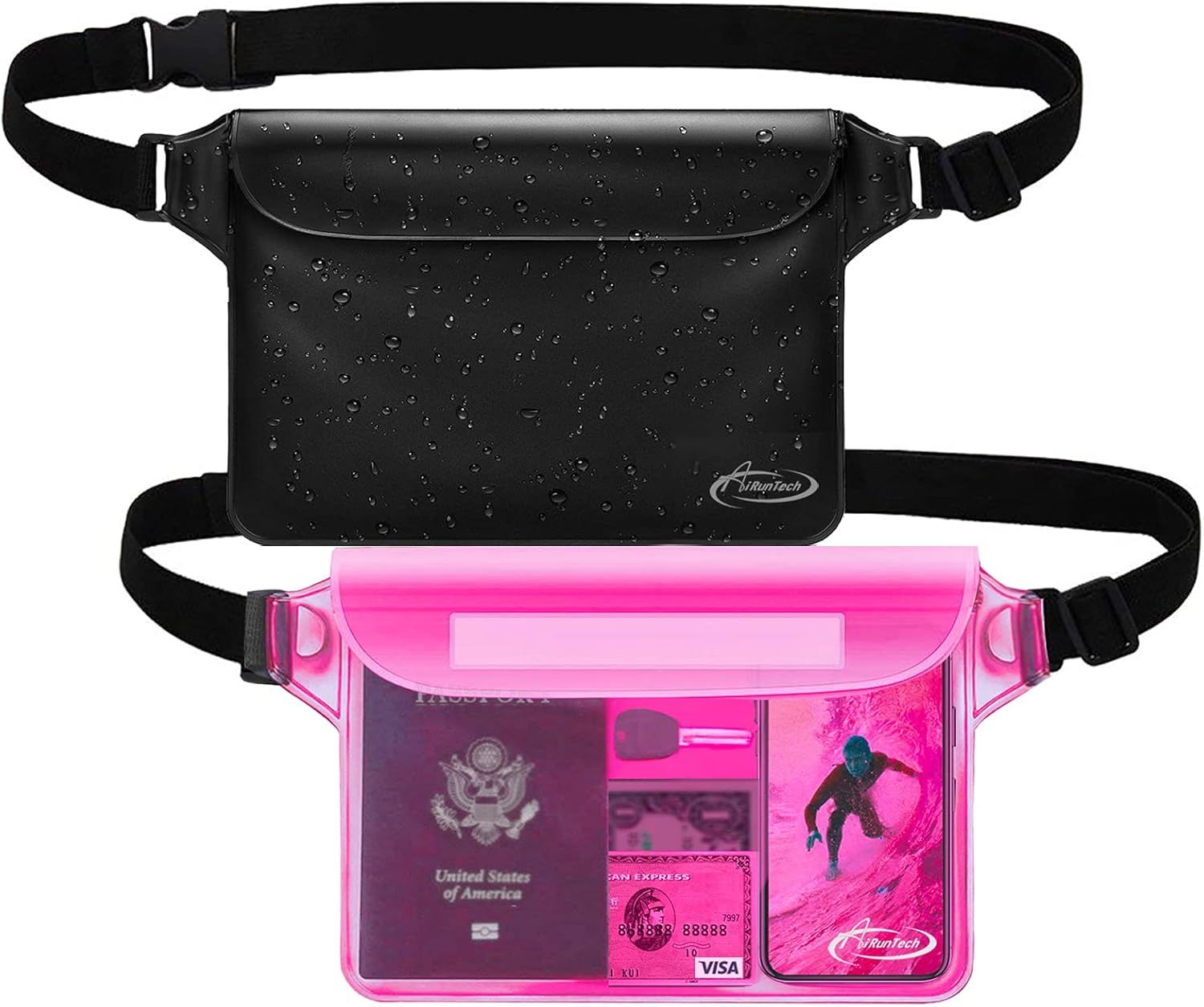 Two waterproof fanny packs with adjustable straps shown in black and transparent pink colors for travel and outdoor use.