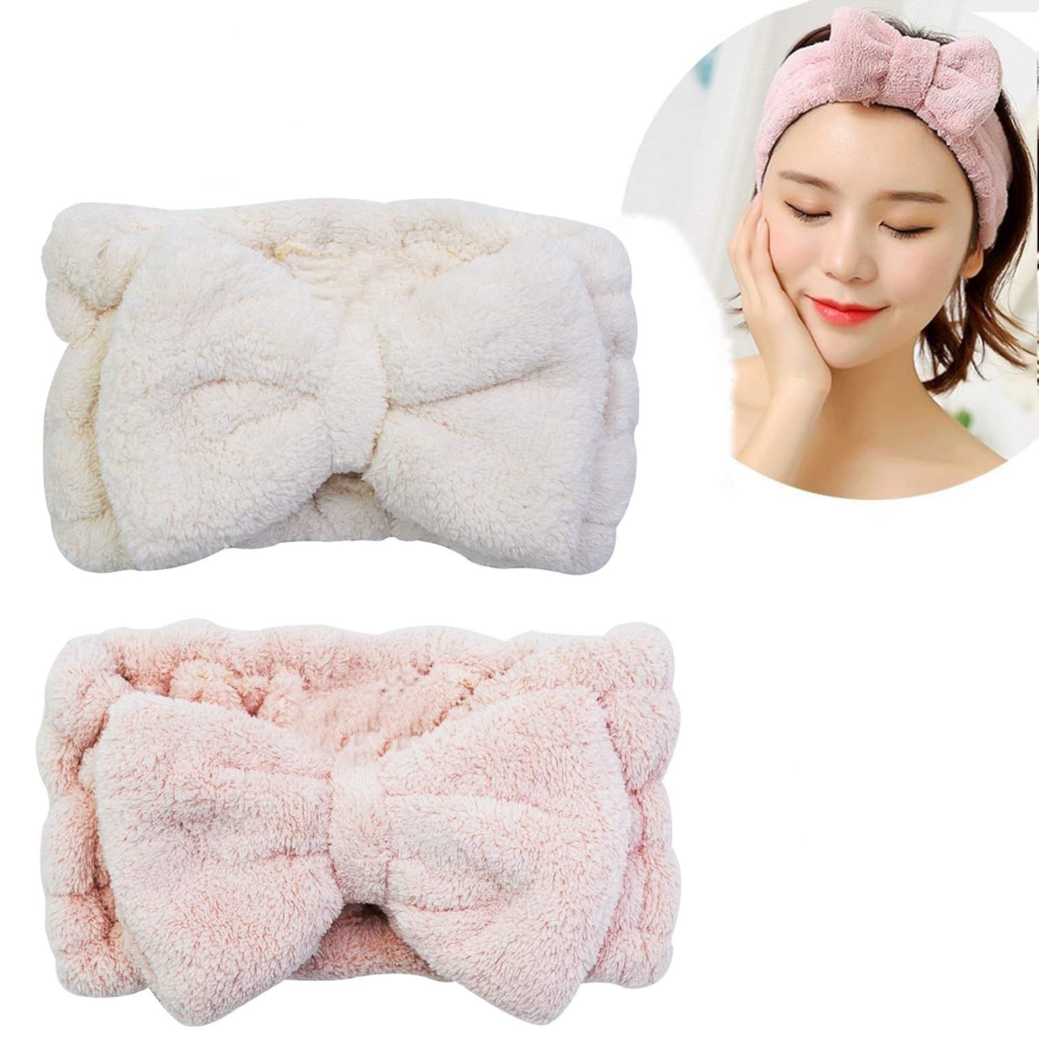 Soft plush headbands with bow designs in pink and white colors arranged in a row showing different styles and angles.