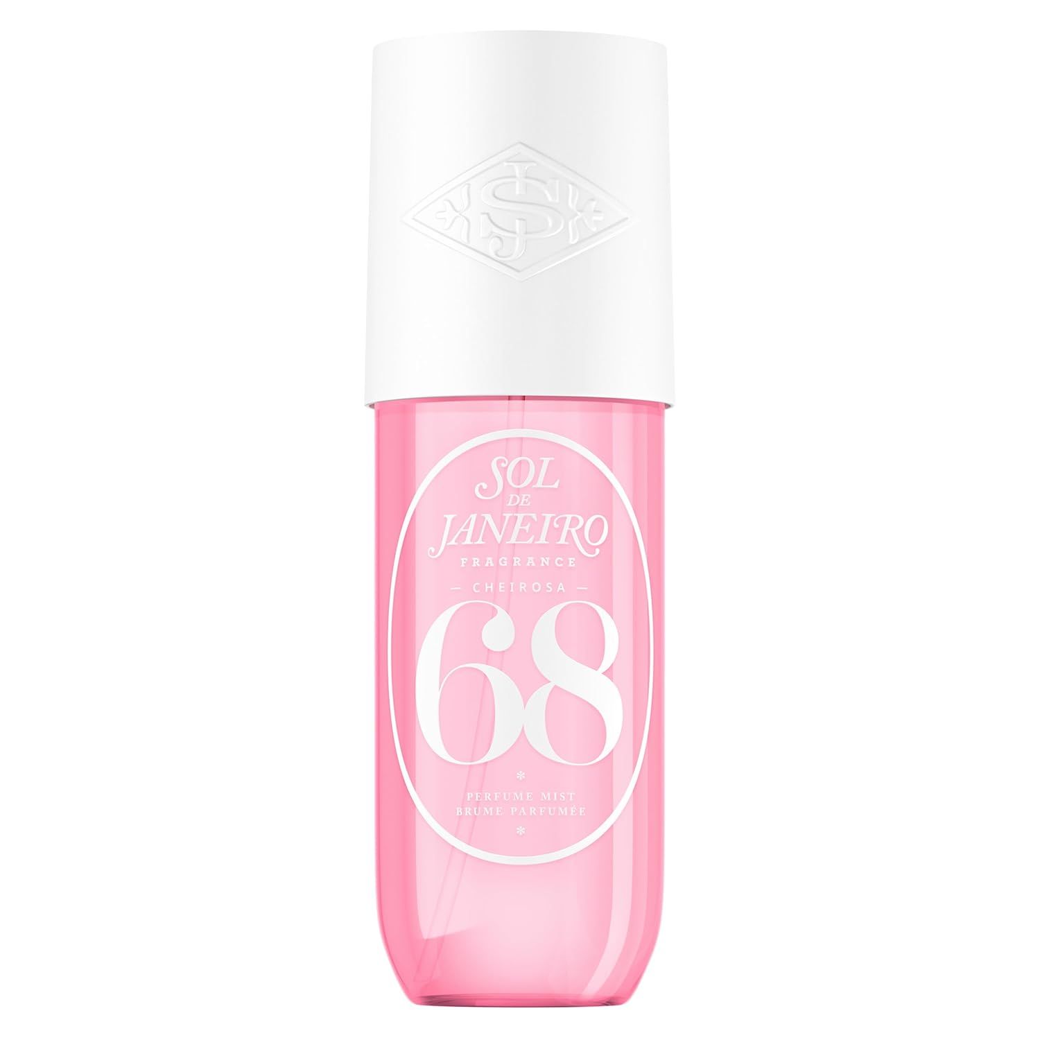 Pink perfume bottle with white cap and oval label featuring the number 68 against a white background.