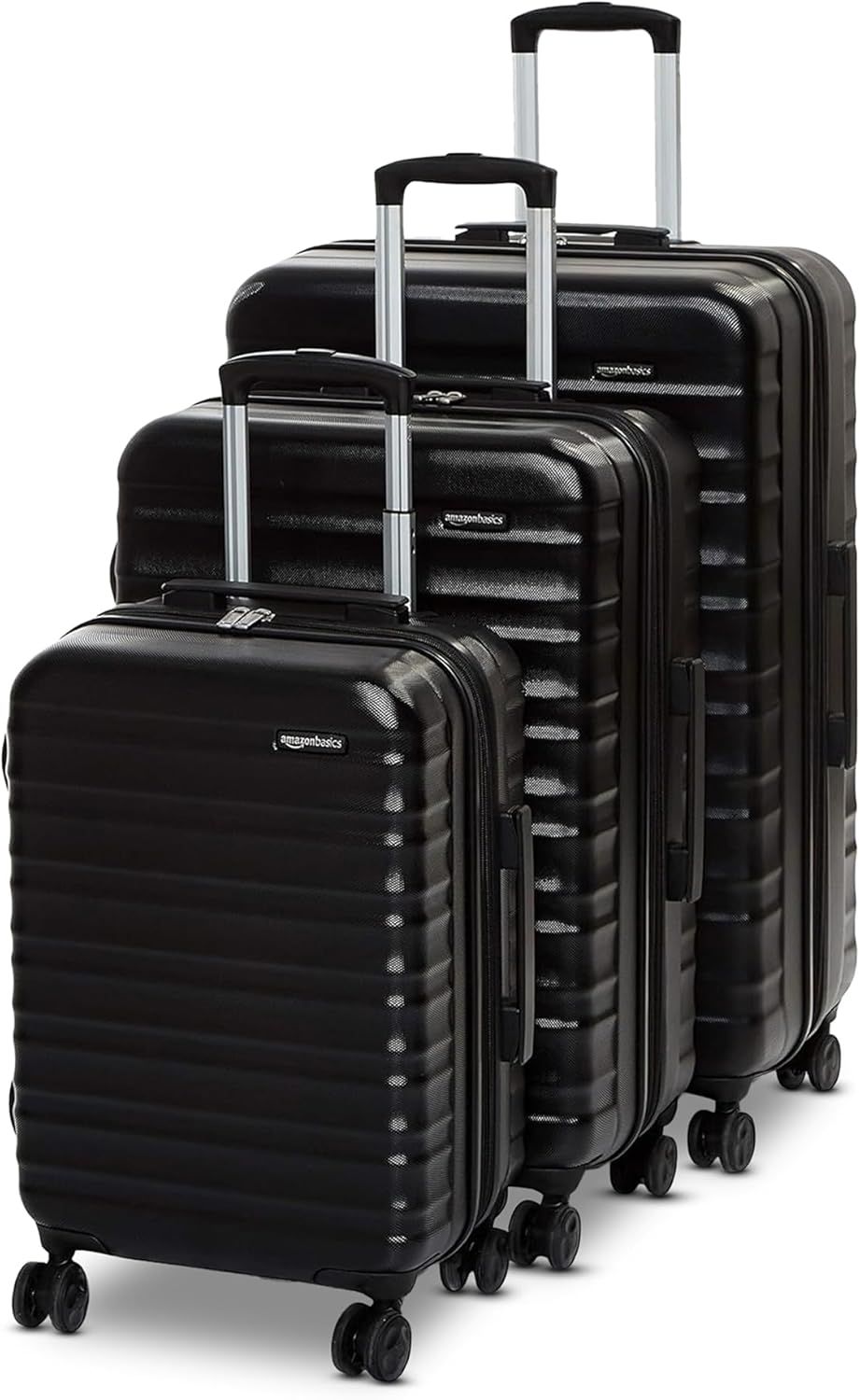 Black hard shell rolling luggage set with multiple sizes of matching suitcases in a sleek modern design.