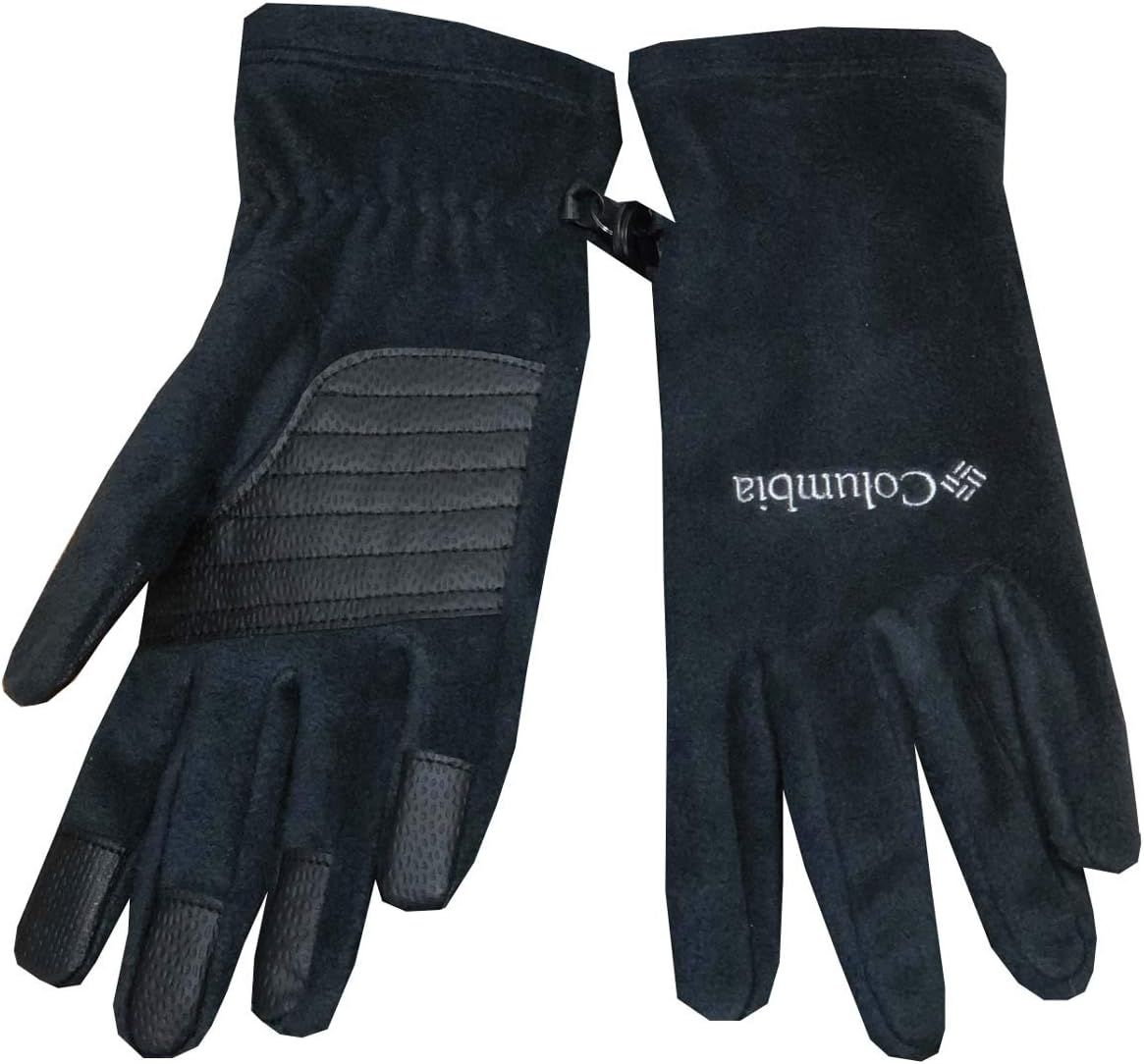 A pair of black Columbia winter gloves with padded palms and elastic wrist closures.