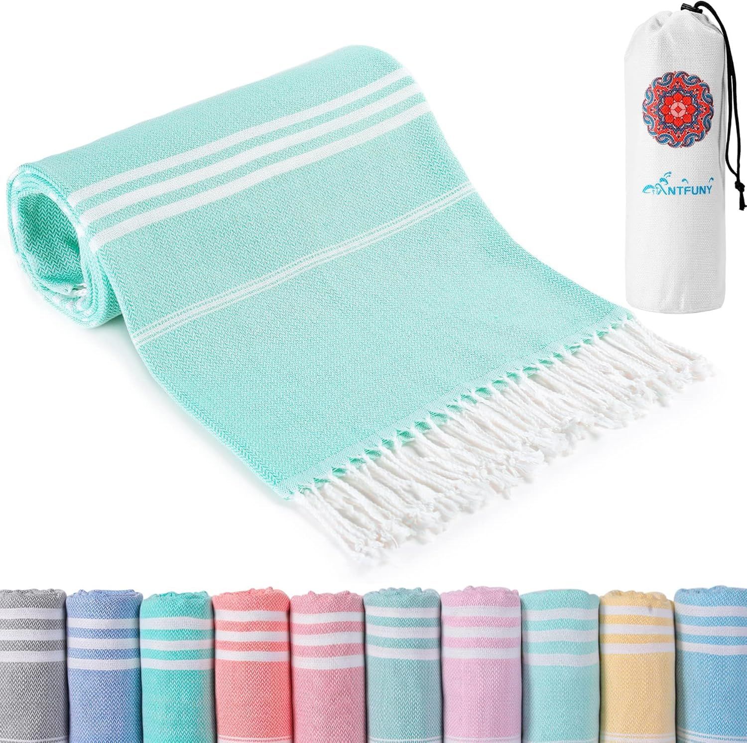 Mint green Turkish cotton towels with white fringe tassels shown in multiple folded views and colorful stacked variations.