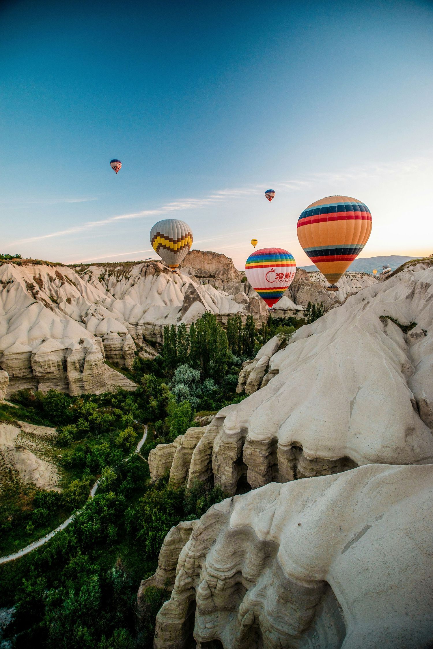 Colorful hot air balloons floating above white limestone formations in Cappadocia valley.