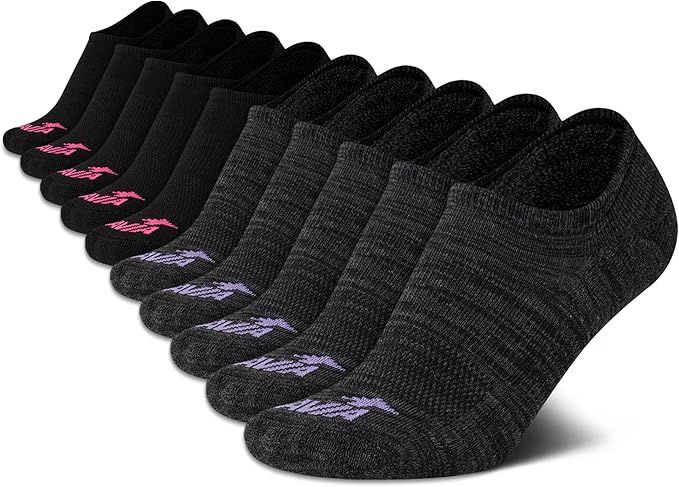 Pack of eight black athletic no-show socks with pink and purple logo designs arranged in a curved line display.