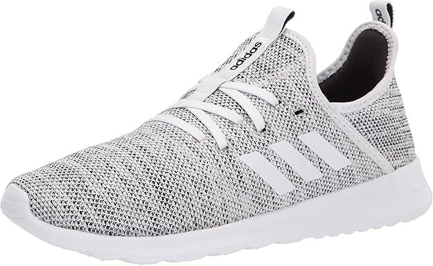 Stylish gray and white Adidas athletic sneaker with knit mesh upper and lightweight design shown from side view.