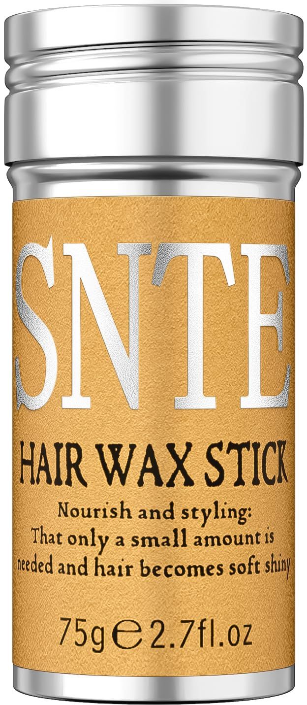 Steel cylindrical hair wax stick container with orange label displaying product information and styling instructions.