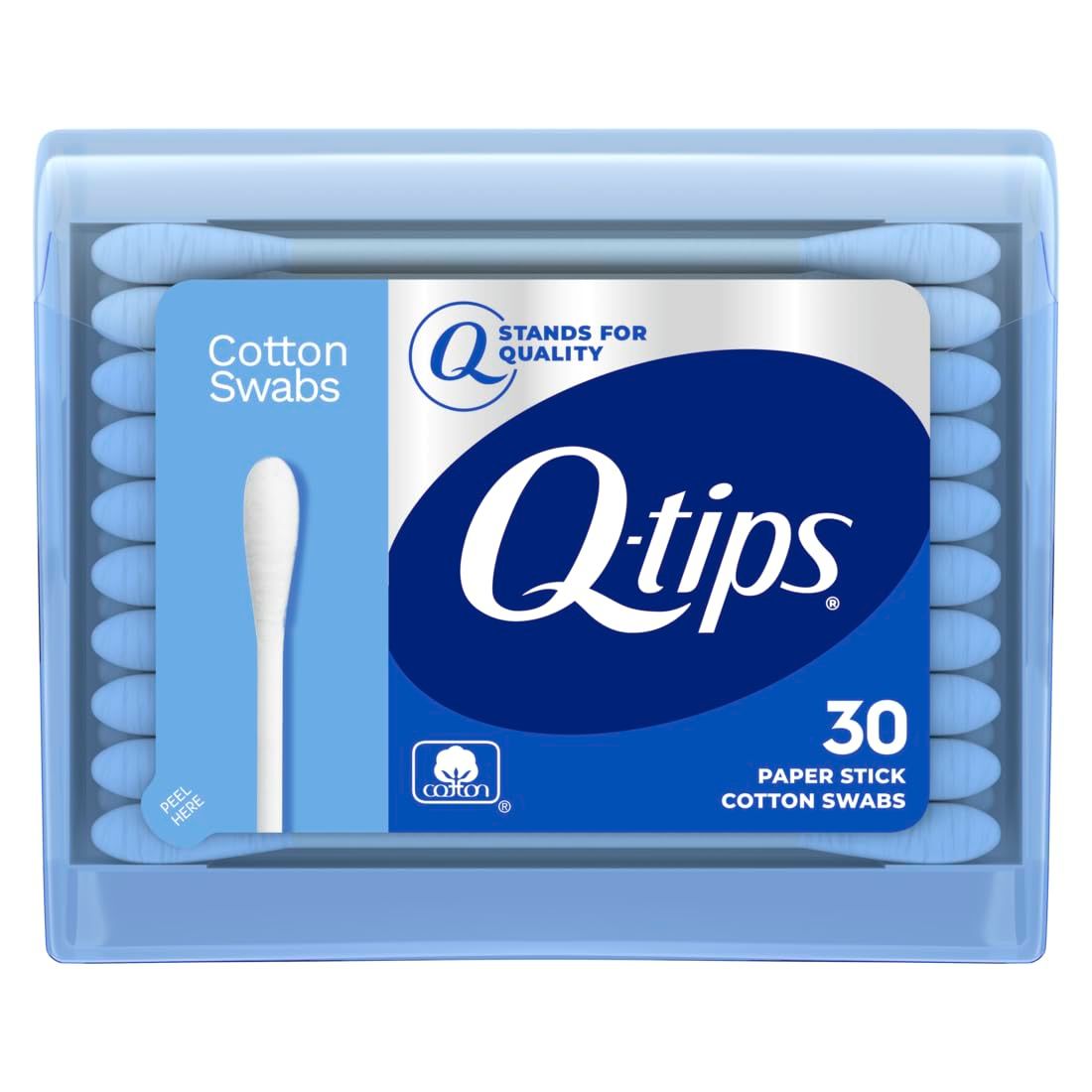 A blue box of Q-tips cotton swabs containing 50 paper stick cotton swabs for personal care.