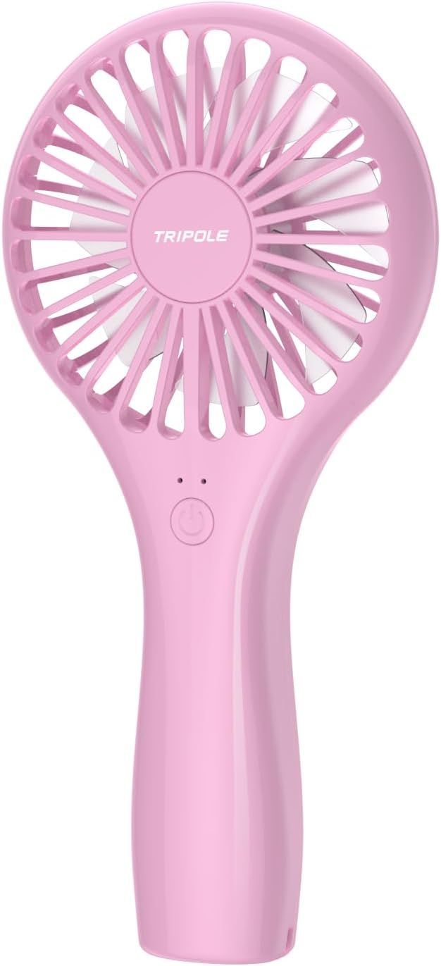 A pink handheld portable fan with multiple blades in a circular design and Tripole branding on the front.