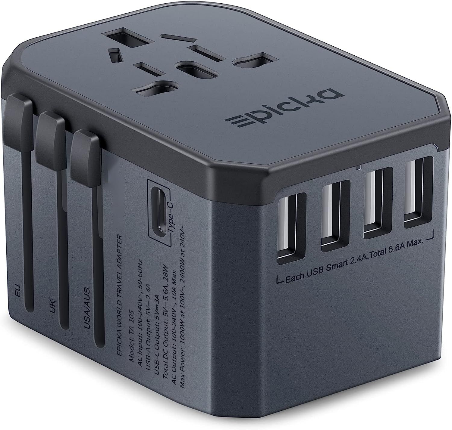 Universal travel adapter shown in dark grey with multiple USB ports and international outlet compatibility.