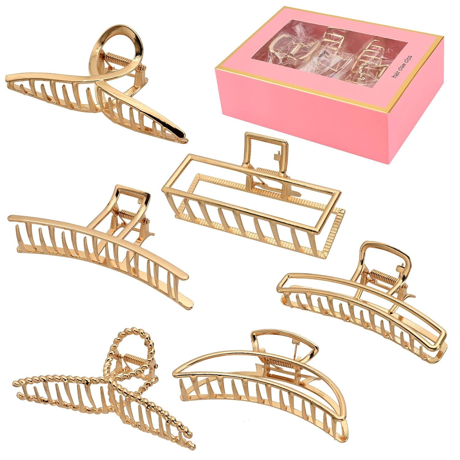 Set of five gold-toned metal hair clips with geometric ladder designs and modern claw clip styling in a pink gift box.