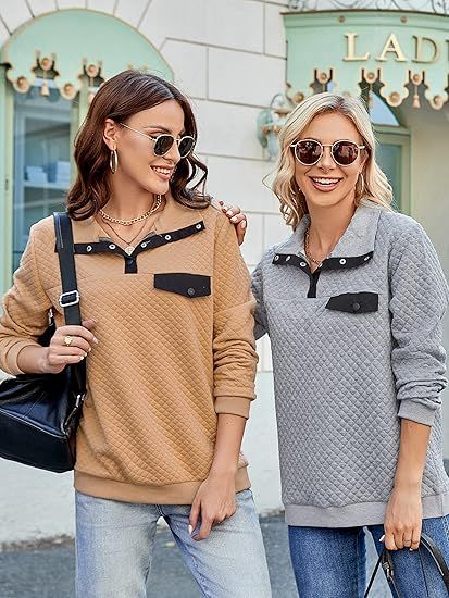 Two people wearing quilted sweaters in contrasting tan and gray colors styled with jeans and sunglasses for casual outfits.