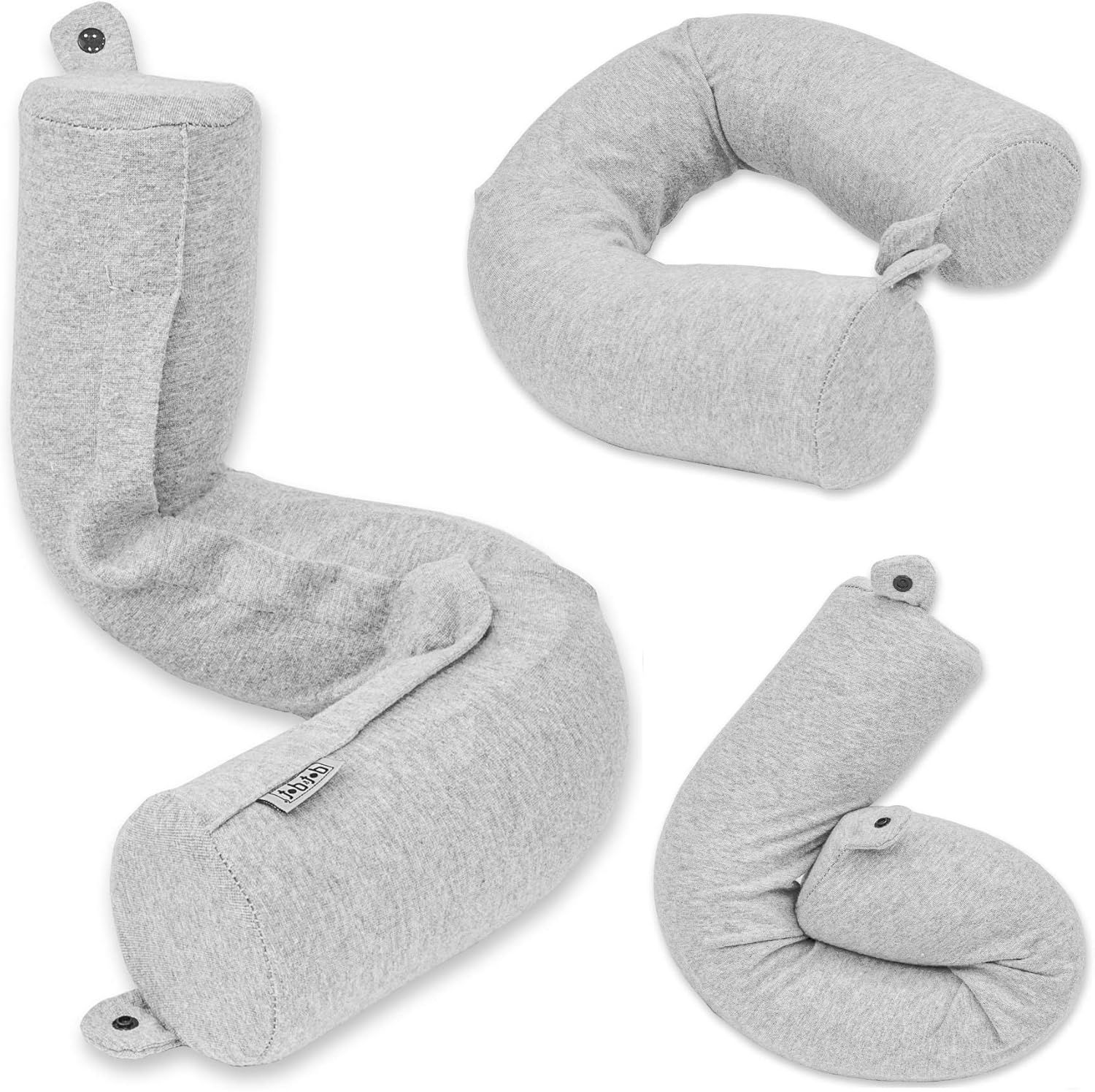 Soft gray travel neck pillows arranged in a curved line showing different angles and memory foam comfort designs.
