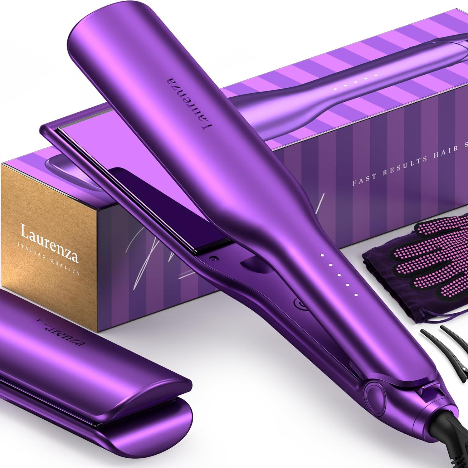 Purple metallic flat iron hair straightener set with packaging boxes shown on white background.
