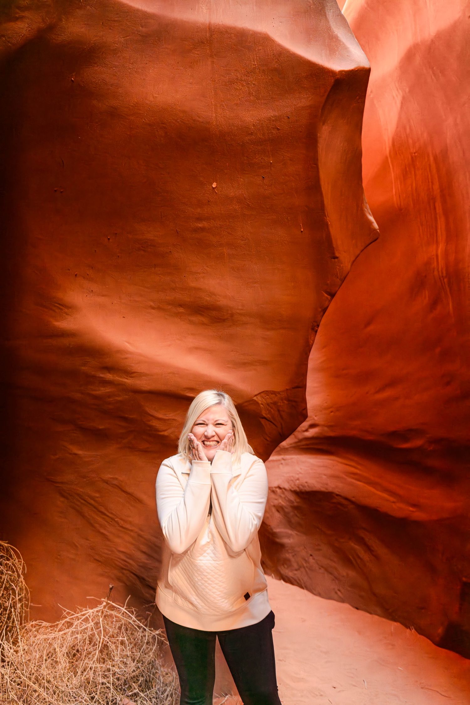 Sequence of photos in orange slot canyon with dramatic lighting and curved walls.