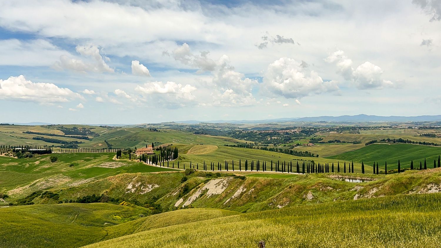 Rolling green hills of Tuscany with cypress trees and farmland stretching to the horizon.