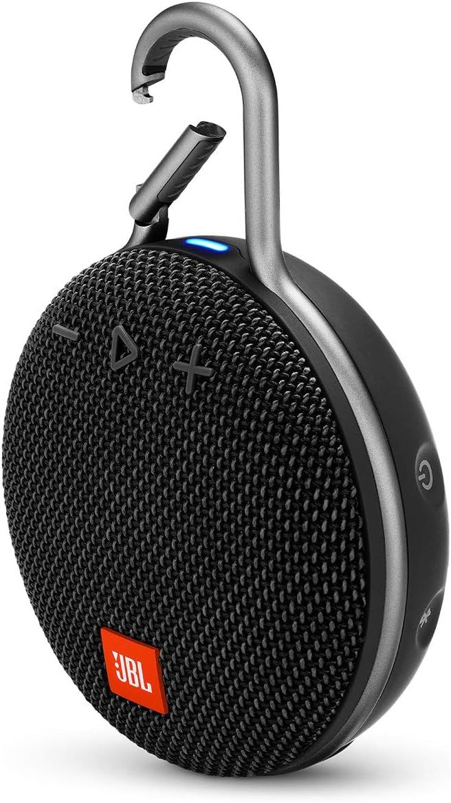 JBL Clip 3 portable Bluetooth speaker with integrated carabiner hook in black featuring mesh speaker grille design.
