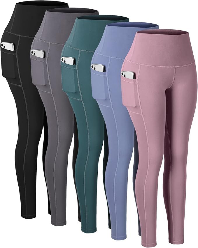 Five pairs of high-waisted athletic leggings with side pockets displayed in black, gray, teal, blue and pink colors.