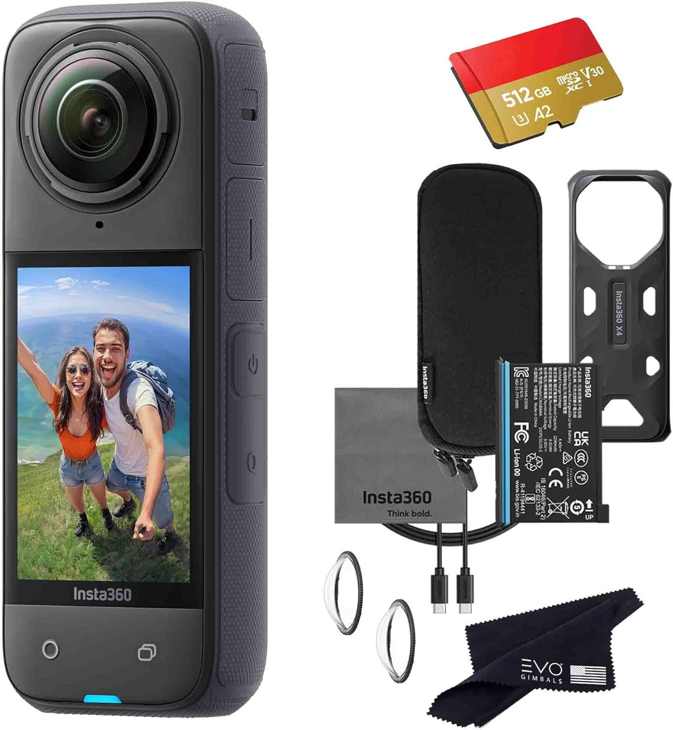 Collection of Insta360 action camera accessories including mounting clips, SD cards, batteries and charging components.