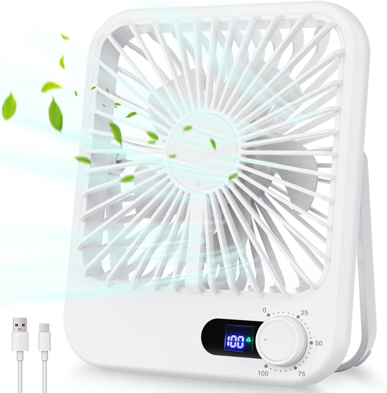 Small white desk fan with LED display, USB powered design and green leaves showing airflow effect.
