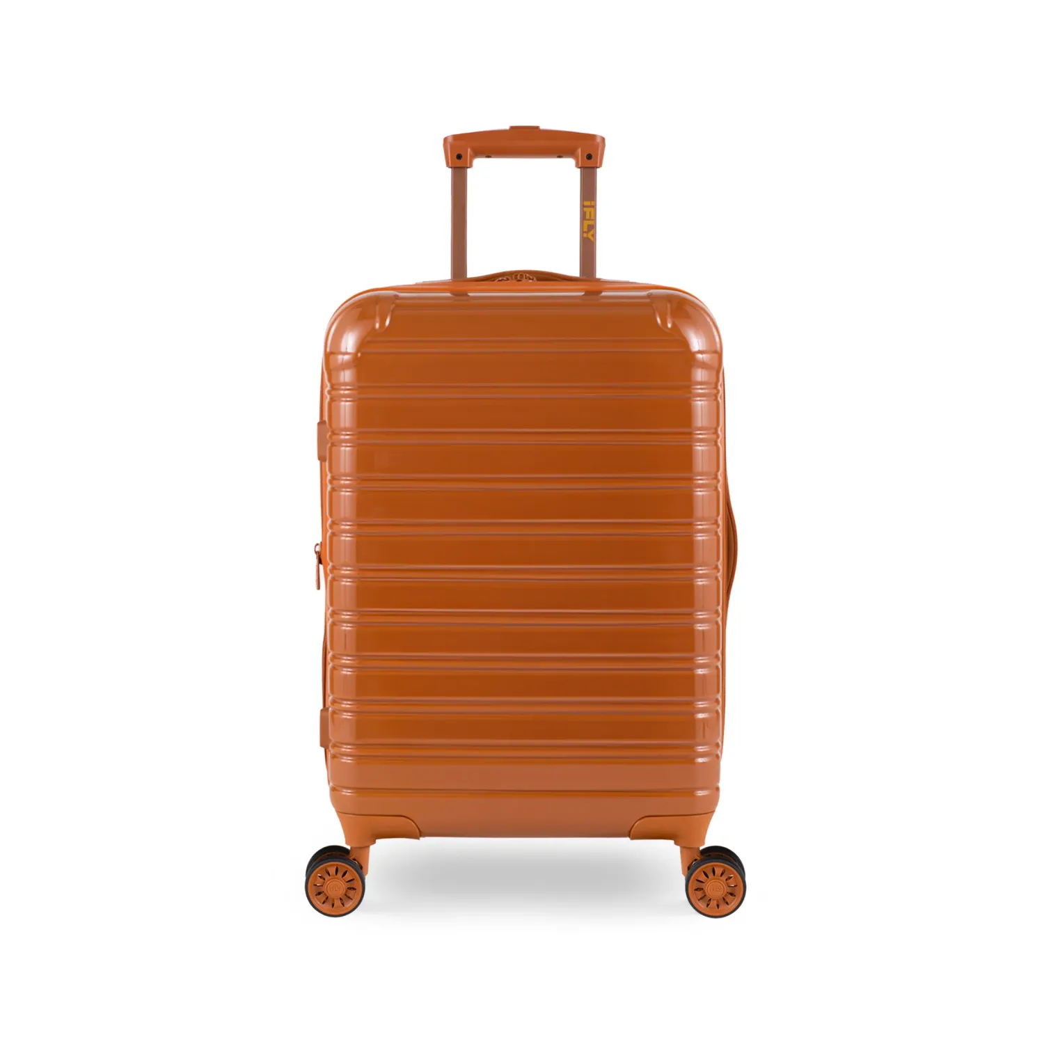 Modern orange hardshell spinner suitcase with retractable handle and wheels for travel.