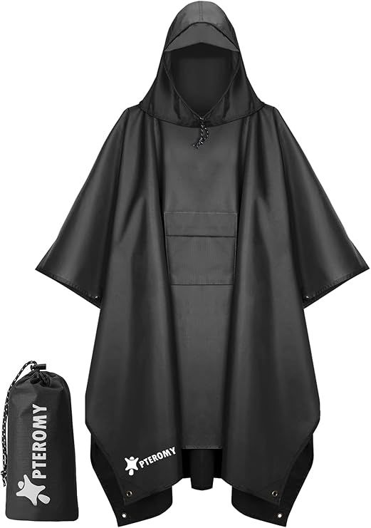 Black hooded rain poncho with Pitsox branding shown from multiple angles showing sleeve and logo details.