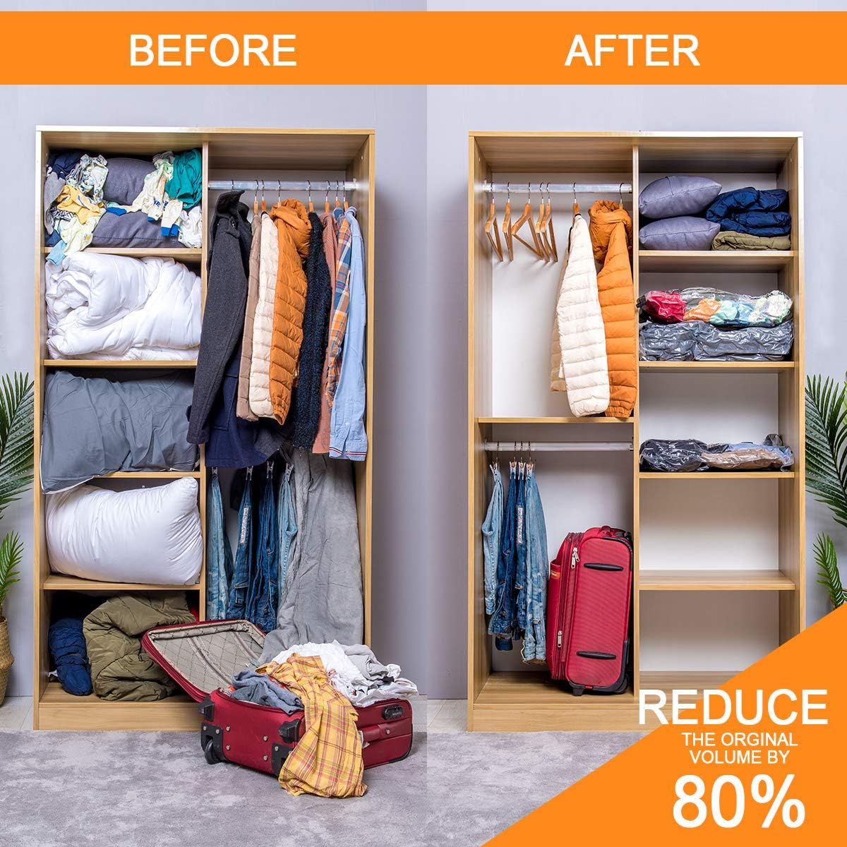 Before and after comparison showing messy closet organization transformed into neat, sorted wardrobe storage with clothes and luggage.