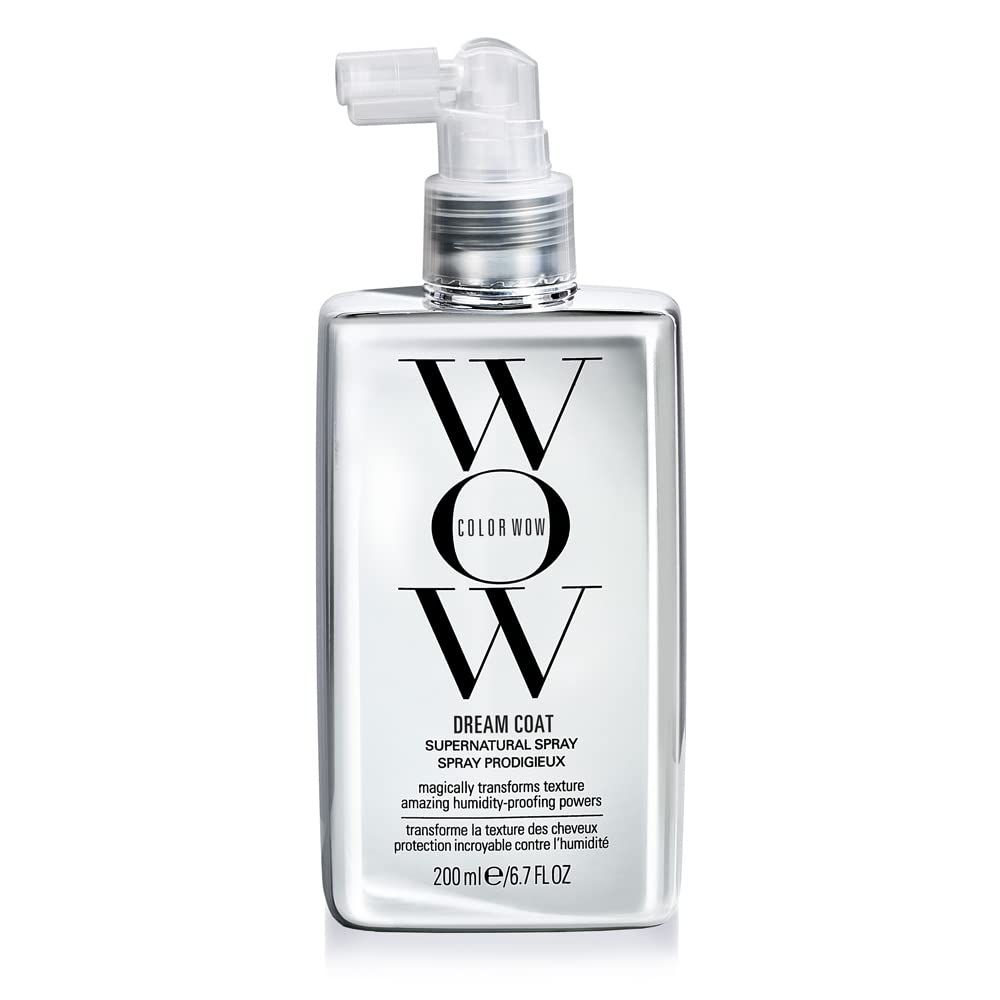 White bottle of Color Wow Dream Coat Anti-Humidity Hair Treatment spray with black lettering on clear background.