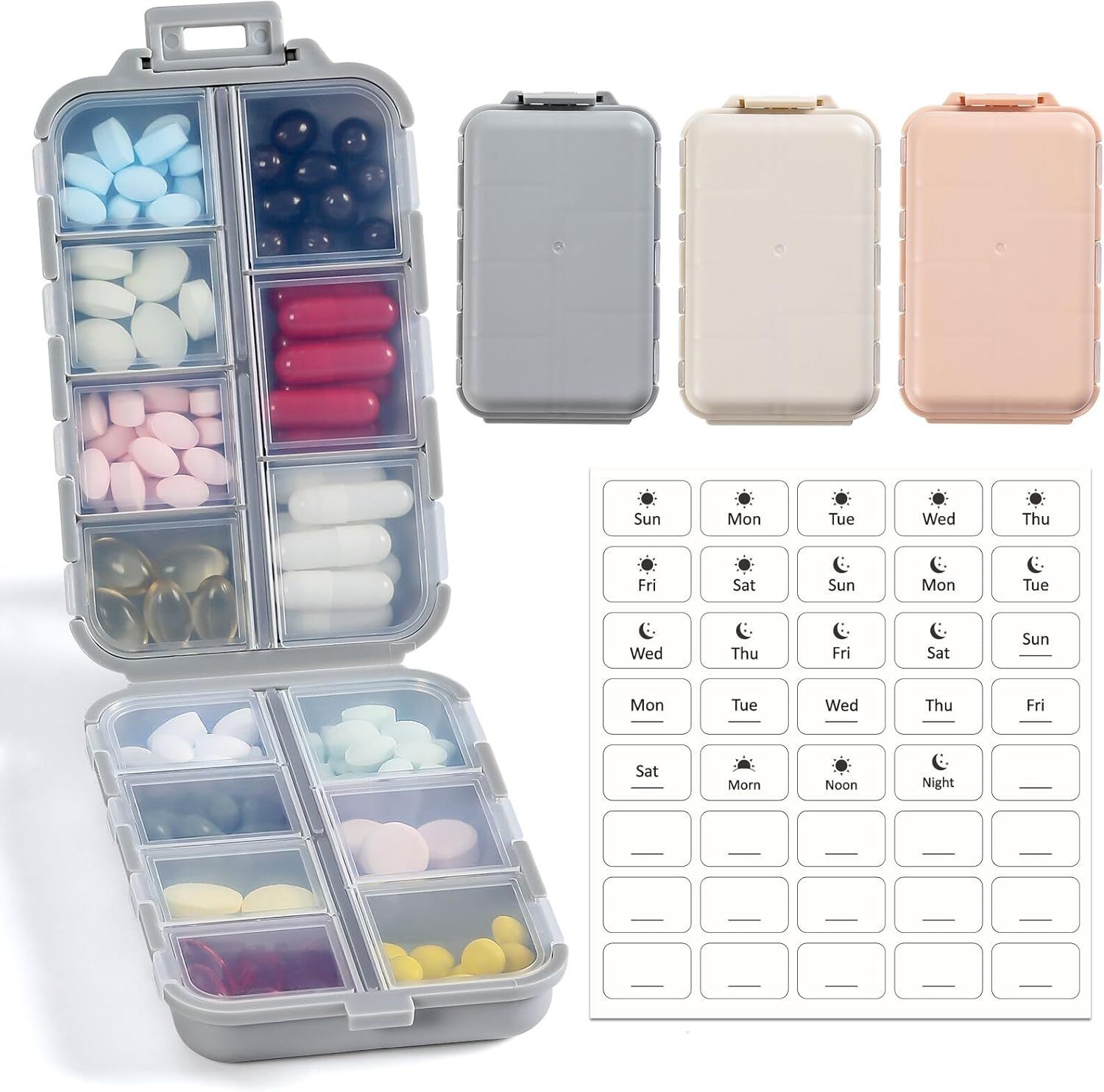 Portable travel pill organizer case shown in three pastel colors with dividers and sticker labels for organizing medication.