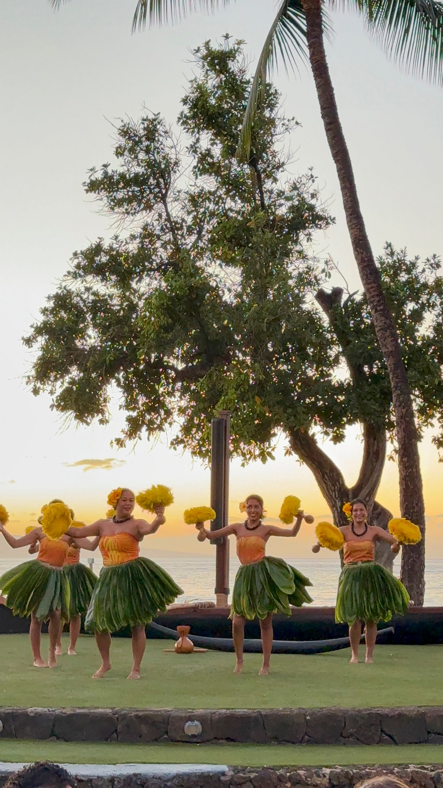 Dancers performing traditional Hawaiian hula on oceanfront lawn at sunset.
