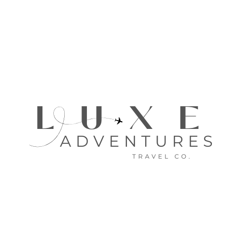 Luxe Adventures Travel Company logo design with airplane icon on white background.