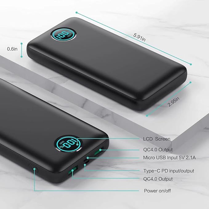 A sleek black power bank device with digital display and multiple ports showing technical specifications and measurements.