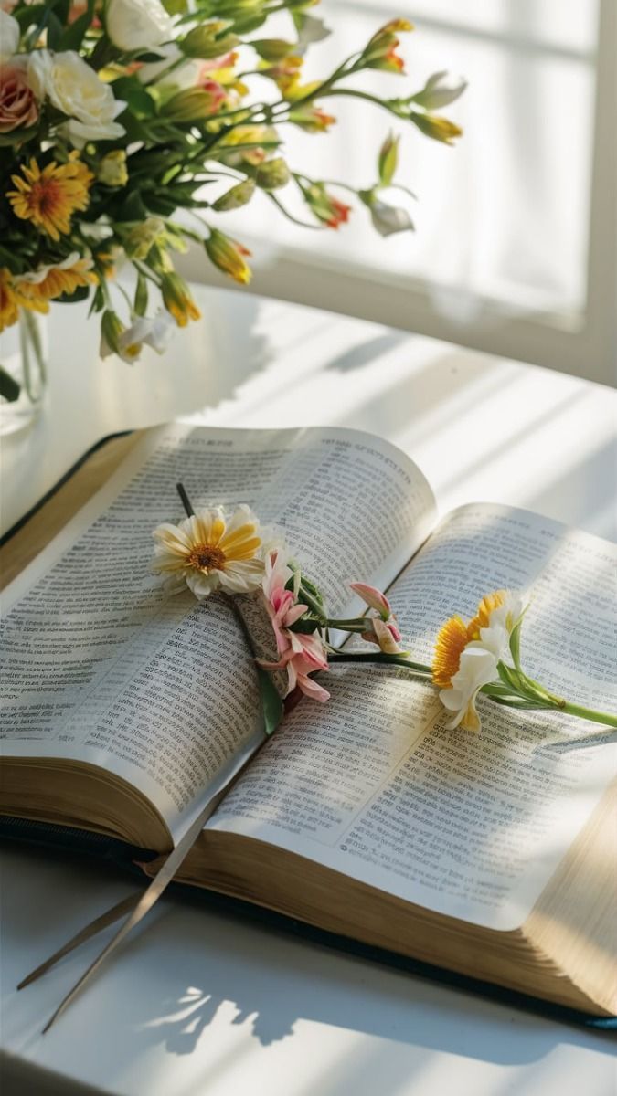 An open book with delicate pink and yellow flowers resting on its pages while sunlight streams through a window.