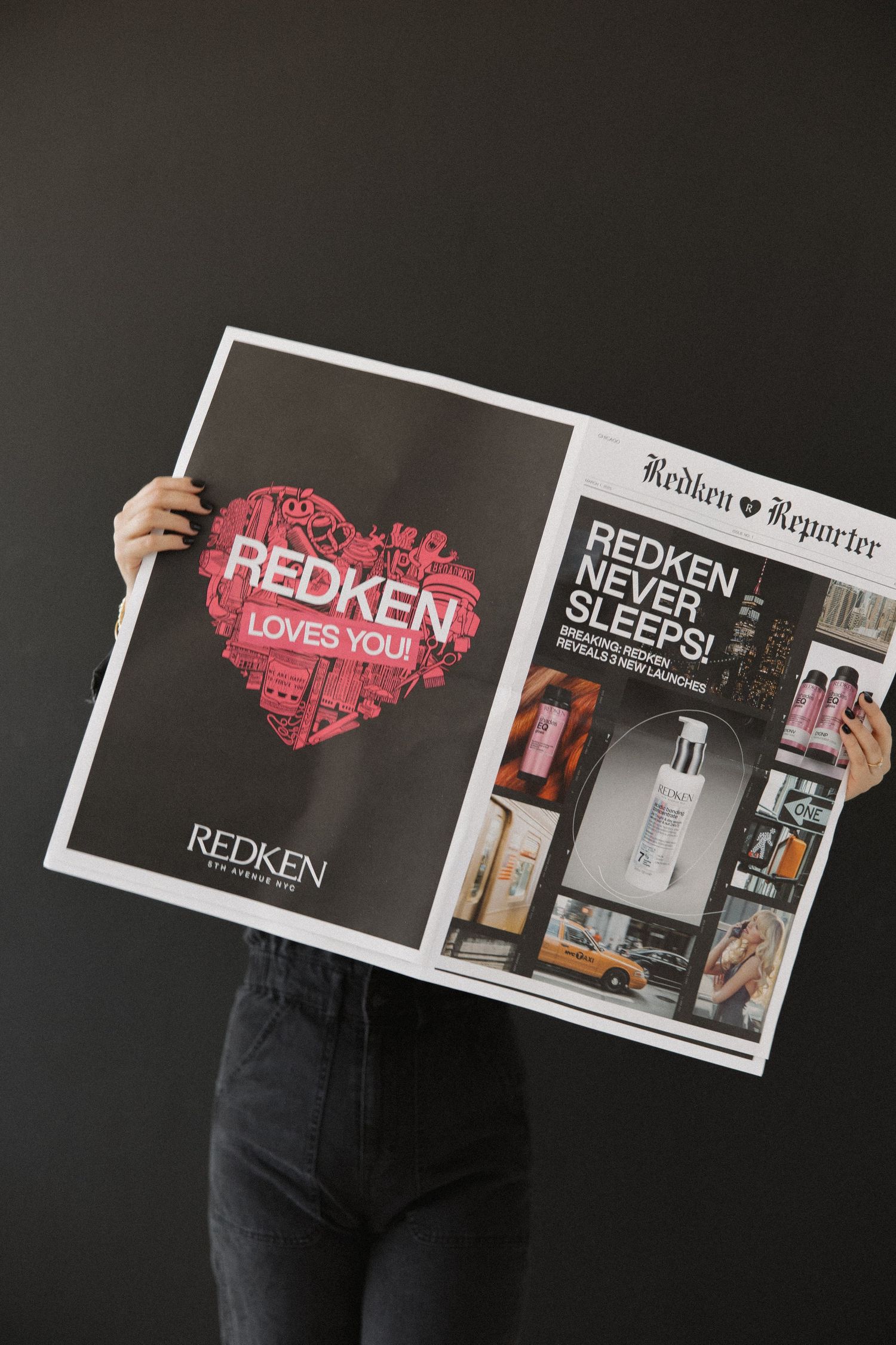 Marketing materials for Redken hair products displayed in sequence against dark background.
