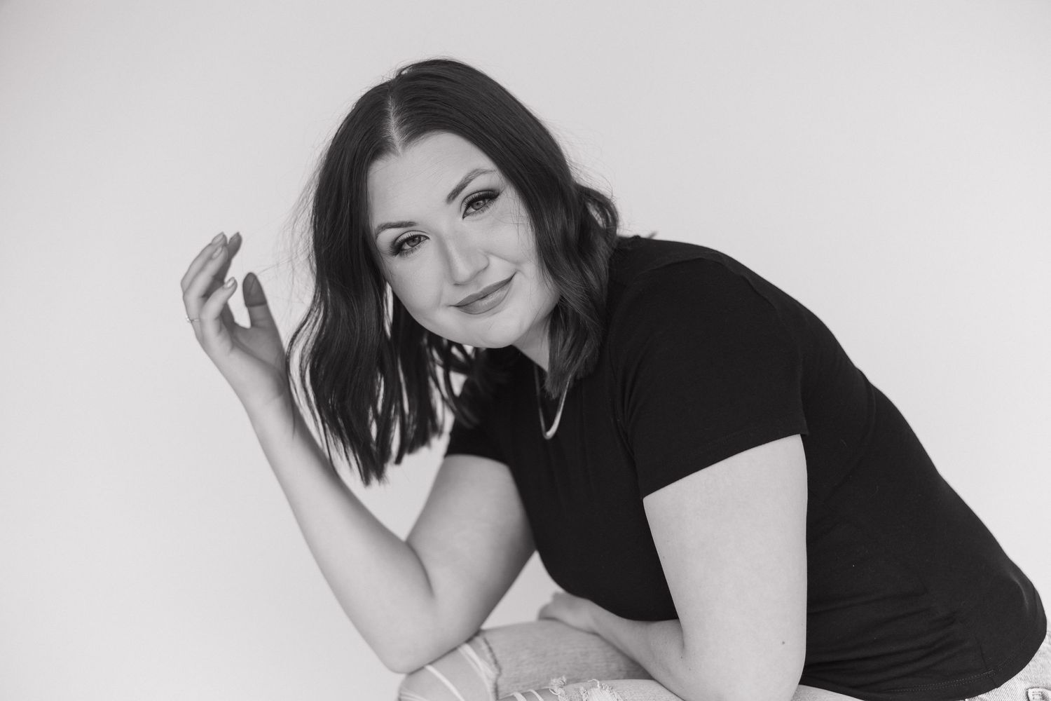 Casual fashion portrait series on white background showing different poses.