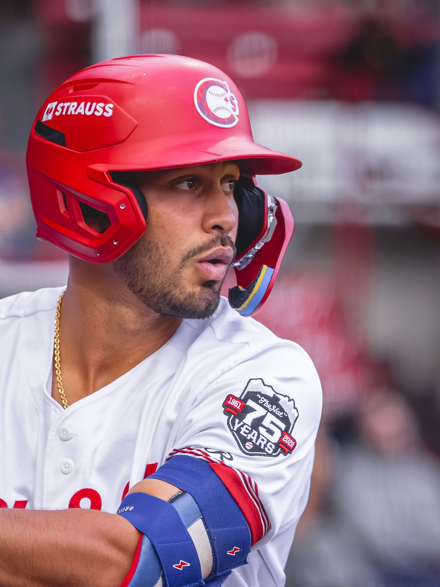 A baseball player in a red Strauss helmet and white uniform focuses during a game, marking 75 years.