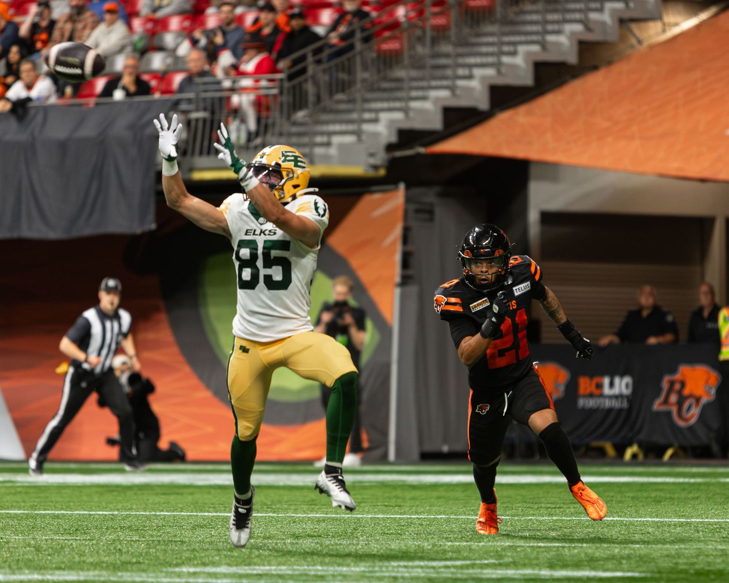 CFL player #85 catches a pass while BC Lions defender #21 pursues during a football game.