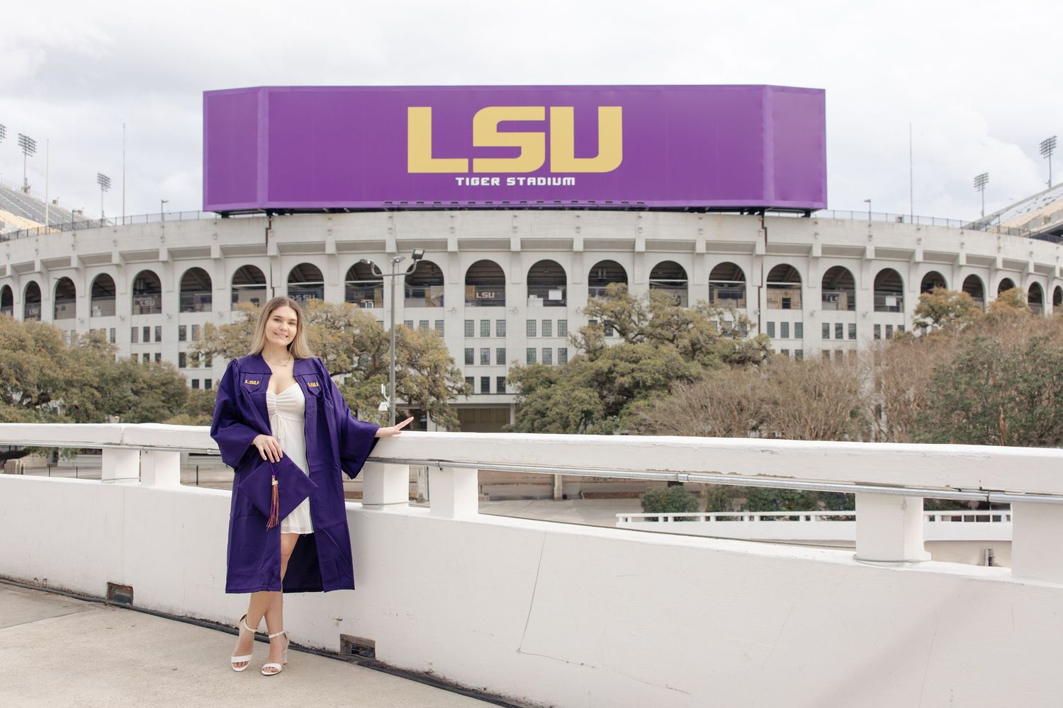 View of LSU Tiger Stadium exterior with purple and gold signage.