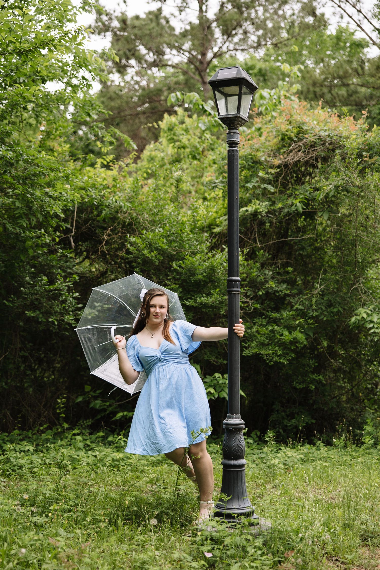 Woman in blue dress holding clear umbrella while leaning on black lamppost in lush green park.