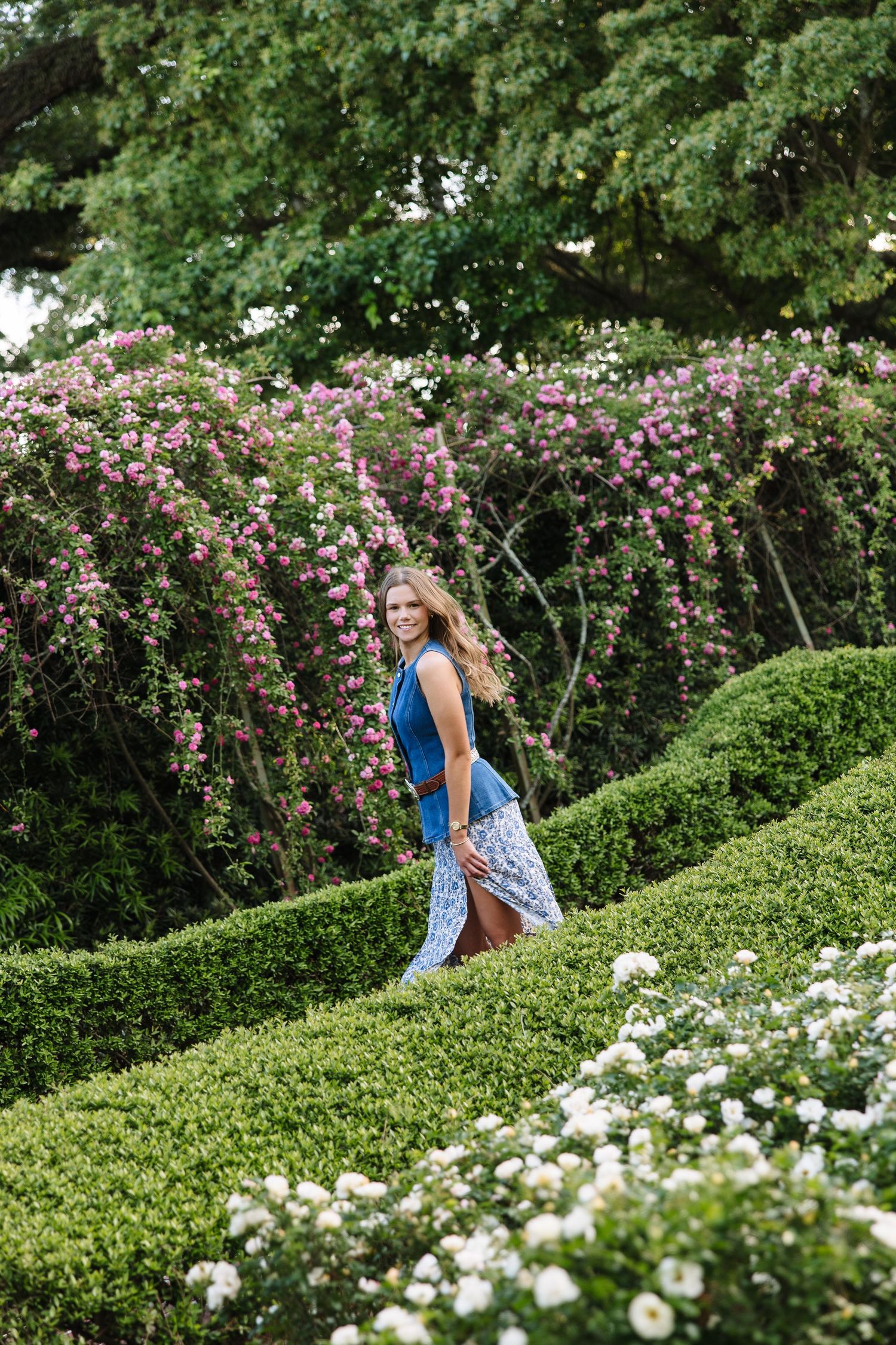 Woman in blue floral dress walking through lush garden with pink roses and trimmed hedges.