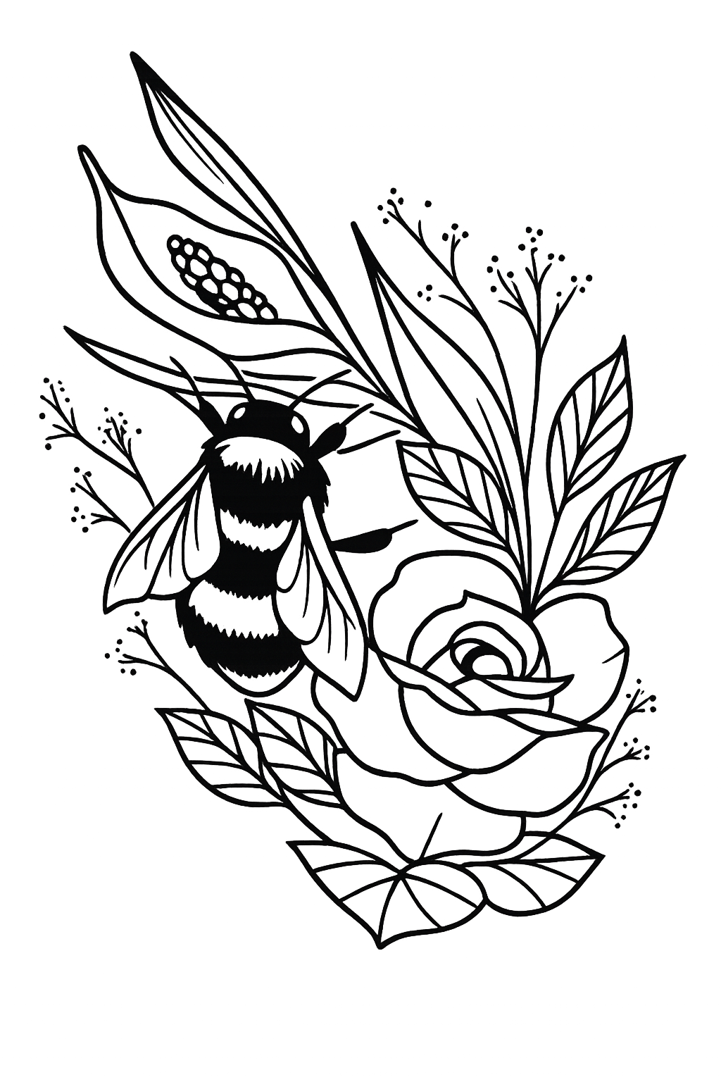 Line art illustration of bumblebees flying among delicate floral elements and leaves in a decorative pattern.